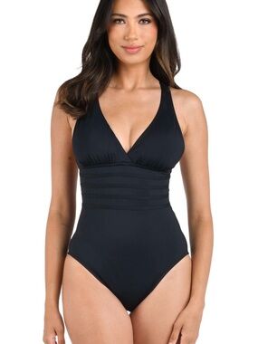 La Blanca Island Goddess Classic Black V-Neck One-Piece Swimsuit